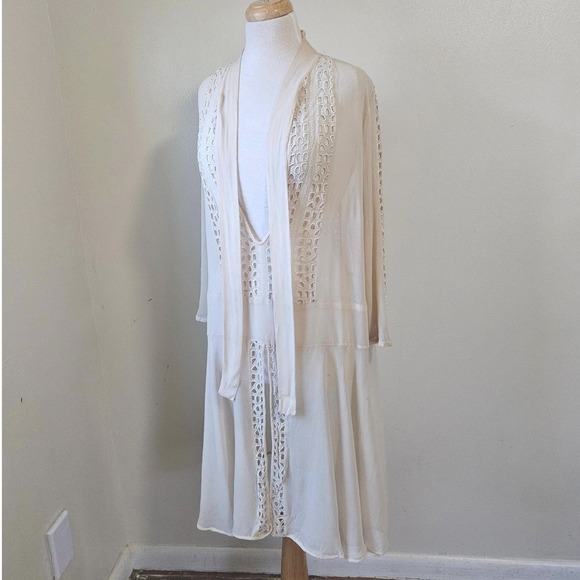 Vtg Antique Cream Ivory Lace Overlay Silk Chiffon Art Deco Flapper Dress M/L